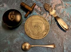 An Edwardian silver salt spoon, Birmingham 1906;  a Victorian pin cushion, applied with initial C,