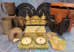 A Victorian style brass standish;  pewter mugs;  onyx cigarette box and barometer;  Ross London 9