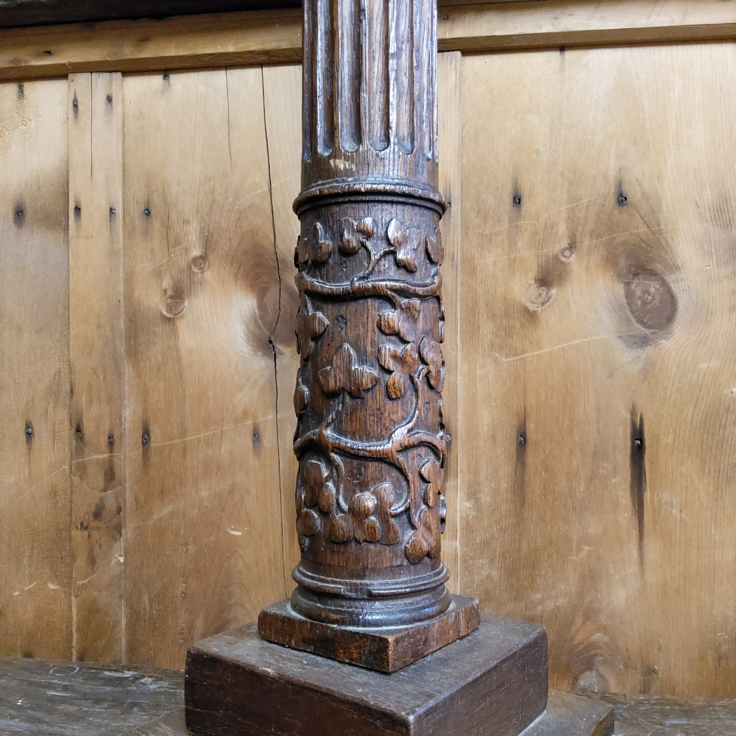A substantial Charles II period English oak table lamp base, profusely carved with oak leafs towards - Image 2 of 2