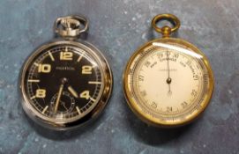 A gilt metal pocket barometer c.1920s; a Ingersoll stainless steel military style pocket watch,