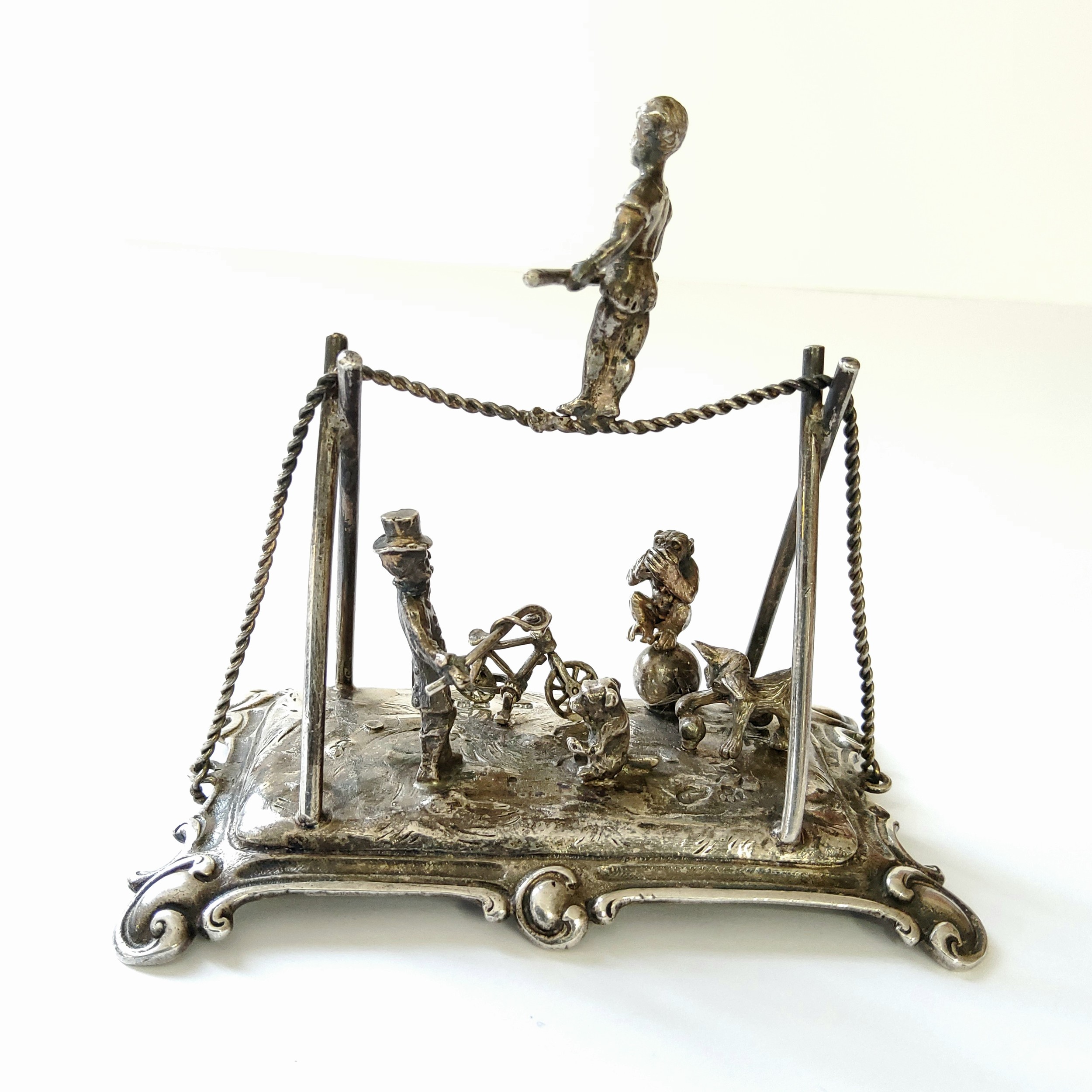 A good Dutch silver miniature diorama of a circus & ringmaster including trapeze artist, a - Image 2 of 4