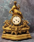 A 19th century French ormolu mantel clock, surmounted with a classical lady flanked by foliate