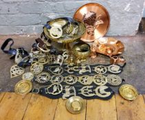 Horse brasses, various;   a brass hand warmer;  Indian brass pedestal bowl;  copper trays;  etc