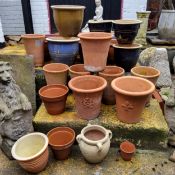 Large quantity of plant pots, terracotta, concrete, figures, etc