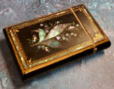 A Victorian papier mache cigar case, inlaid with abalone with initials, the verso with flowers and