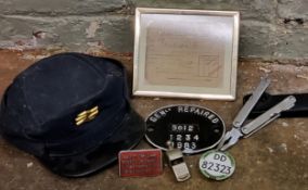 Railwayana - a British Rail peak cap, size 52;  a Sondic whistle;  a Midland Railway Excess