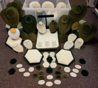 Jeweller's Displays - a large collection of green and cream jewellery stands, plinths, neckline