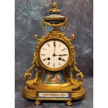 A French ormolu and porcelain mounted mantel clock, 3.5" white enamel dial, black Roman numerals,