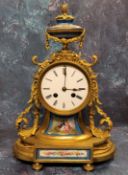 A French ormolu and porcelain mounted mantel clock, 3.5" white enamel dial, black Roman numerals,