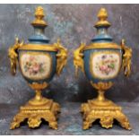 A pair of Louis XVI style gilt metal and porcelain pedestal ovoid side vase, decorated with