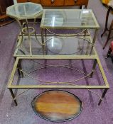 WITHDRAWN - A good quality brass octagonal wine table; a brass and glass coffee table and two coffee