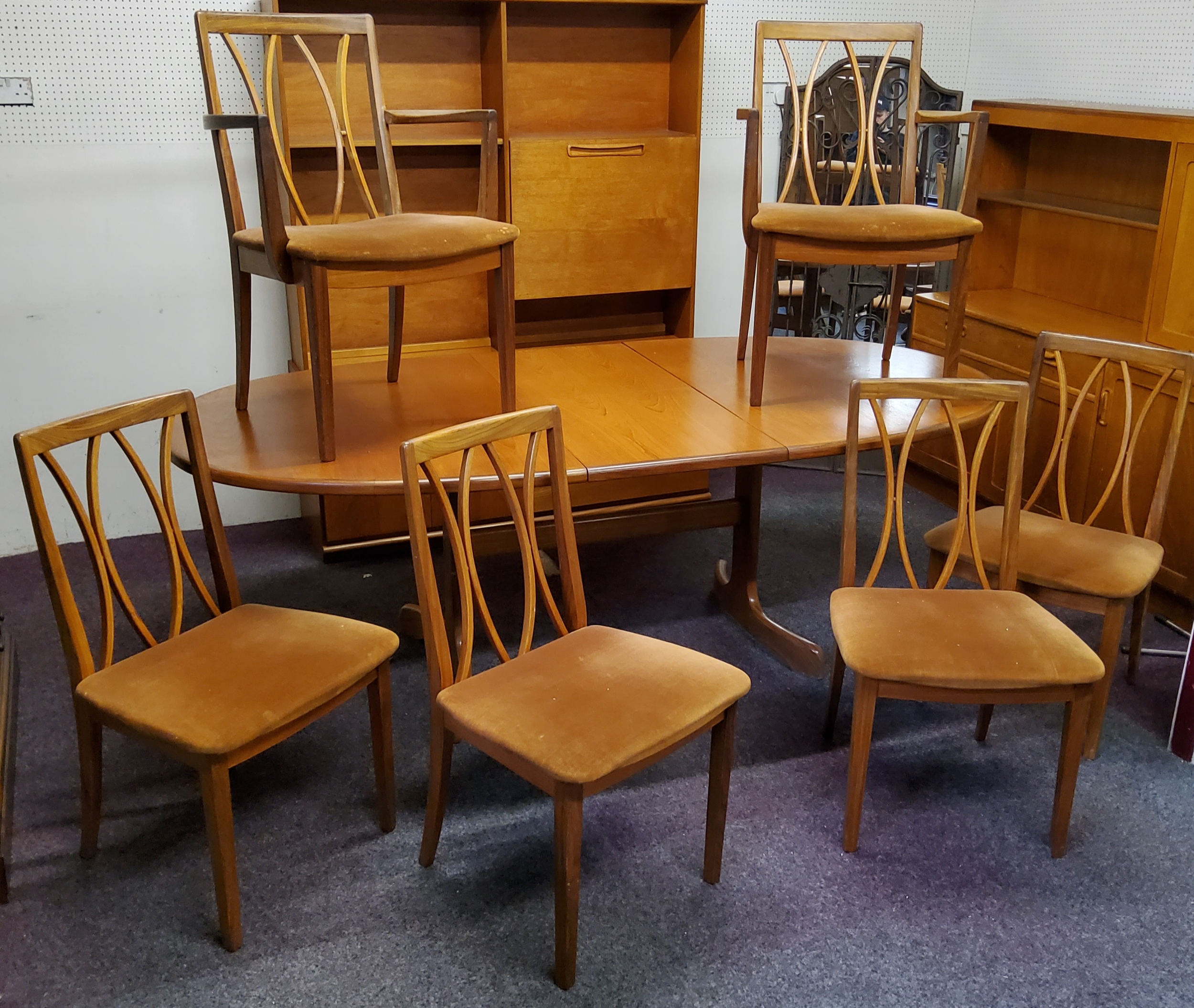 Mid 20th century Design - E. Gomme for G-Plan Red label dining suite, a set of six teak chairs