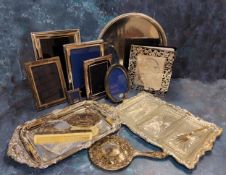 Silverplate including photograph frames of various sizes, circular gallery tray, dressing table set,