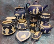 A Wedgwood blue Jasperware teapot and cover;  a similar sucrier;  a preserve pot;  other jugs, (