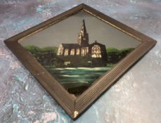 An eary 20th century reverse painting on glass, Church and Spire, 26cm square, framed