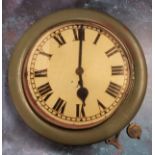 A 19th century school clock, painted mahogany case, later metal dial, cream dial, black Roman