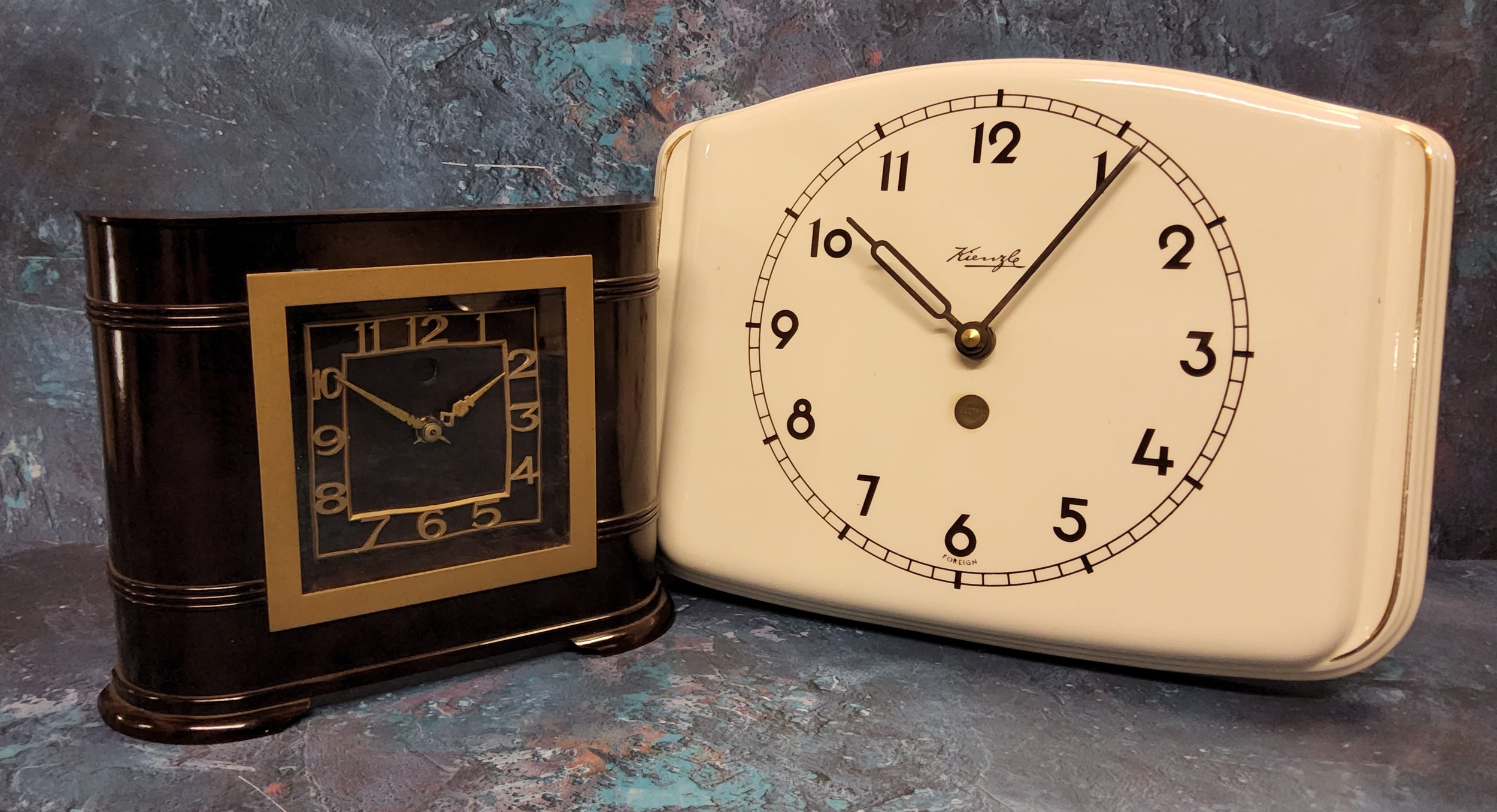 A Kienzle Art Deco ceramic wall clock, cream, brown Arabic figures, originally electric, converted