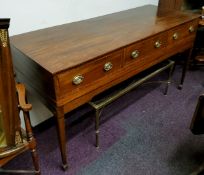 A Regency mahogany sideboard, 18th century brass escutcheons with drop swing handles, satinwood