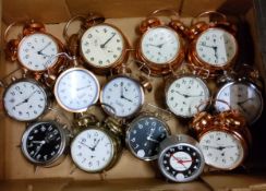 Fourteen Timemaster, Tudor and Peter alarm clocks in a variety of copper, brass and chrome finishes.
