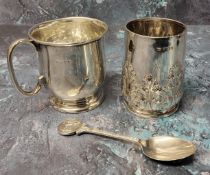 A silver christening mug, monogrammed MBP, Viner's Ltd, Sheffield, 1930 91.1g; a silver teaspoon,