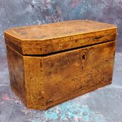 A 19th century burr walnut canted rectangular tea caddy, barberpole stringing, 19.5cm wide, c.1820