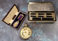 A large open faced plated pocket watch, Roman numerals, 6.5cm diam;  a silver medal, Independant