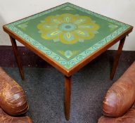 A well painted vintage card table, bold geometric design. Side Note: the legs fold away, therefore