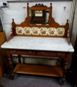 A late Victorian mahogany wash stand with Carrara marble top, mirror and tile splash back c.1900