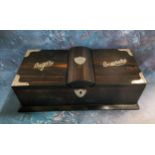 An Edwardian coromandel wood smokers box, applied with silver shield, corner brackets and