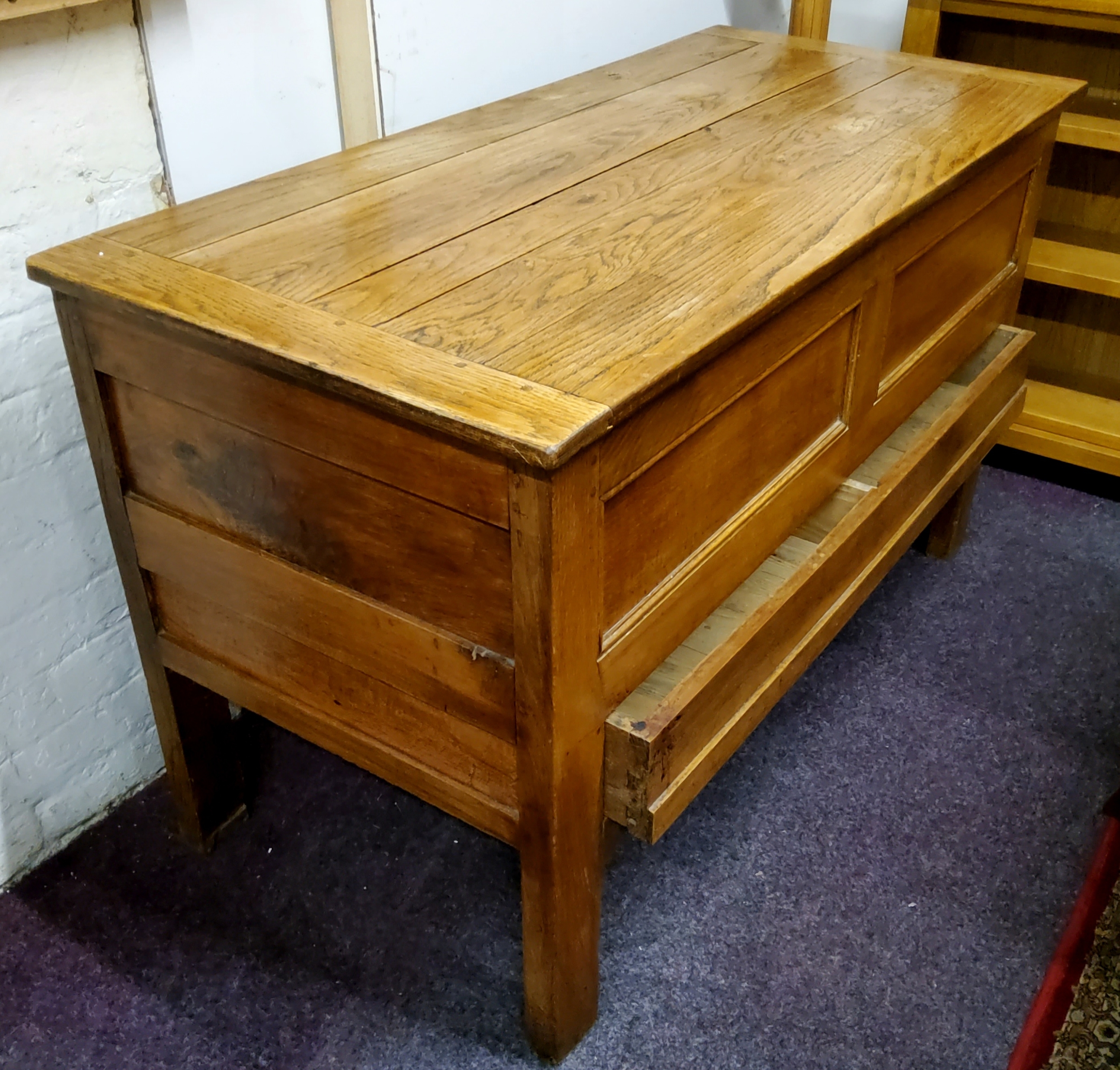 A 19th century light oak housekeeper's chest, the hinged top revealing panelled storage, fielded - Image 4 of 5