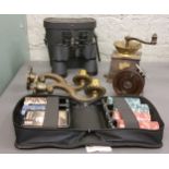 An Allcock Ariellite bakelite reel;  a coffee grinder;  Greenkat binoculars, 10 x 50, cased;  007