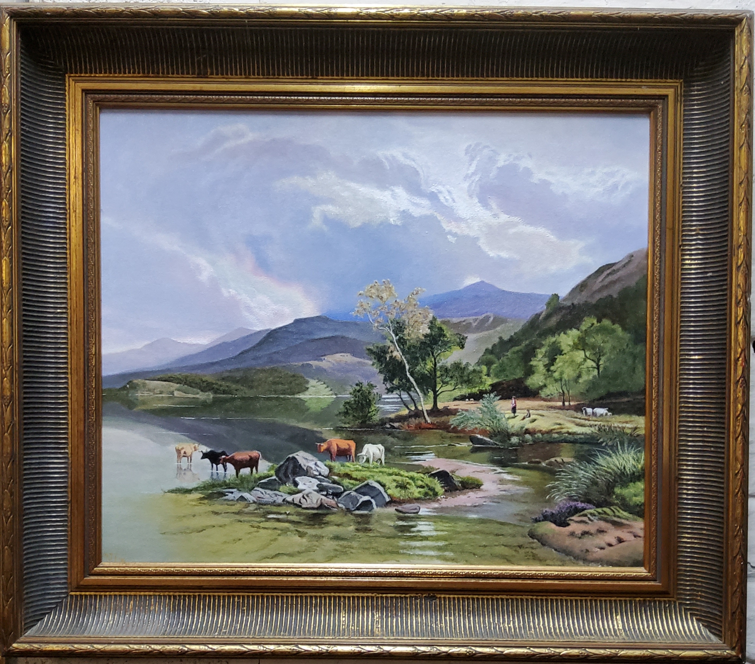 20th century English School, 'Cattle Grazing At The Waters Edge', large oil on canvas, gilt frame,