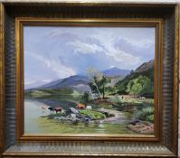 20th century English School, 'Cattle Grazing At The Waters Edge', large oil on canvas, gilt frame,