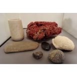 Natural History - a red coral specimen, 23cm wide;  stones;  etc