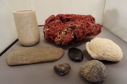 Natural History - a red coral specimen, 23cm wide;  stones;  etc