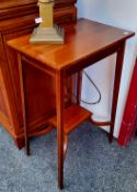 An Edwardian Sheraton Revival mahogany and satinwood inlaid two tier lamp table c.1905, 72cm high