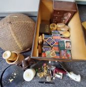 A collection of airline playing cards, costume jewellery, Chinese coasters, wedding basket, etc qty