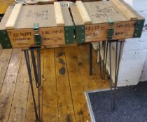 Shooting Interest - a novelty table, from two ammunition boxes, needle pin legs, 82cm wide, 85cm