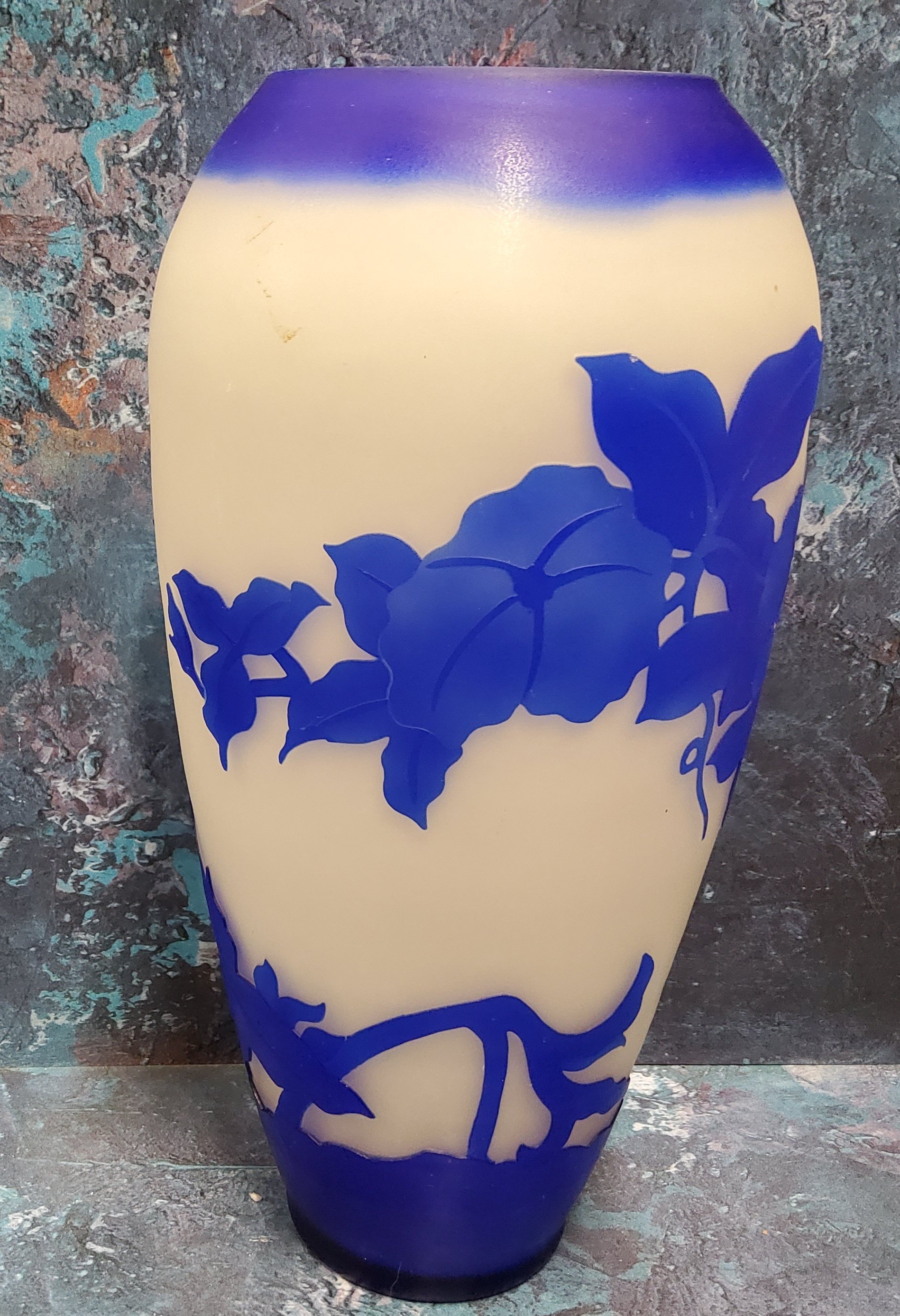 An Art Glass ovoid vase, etched with in blue with honeysuckle, on a white ground,  bears signature - Image 3 of 3