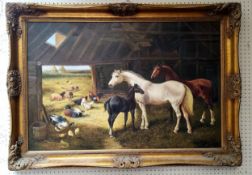 A large oil painting of horses in the stable in the manner of John F Herring, bold gilt frame, 104cm
