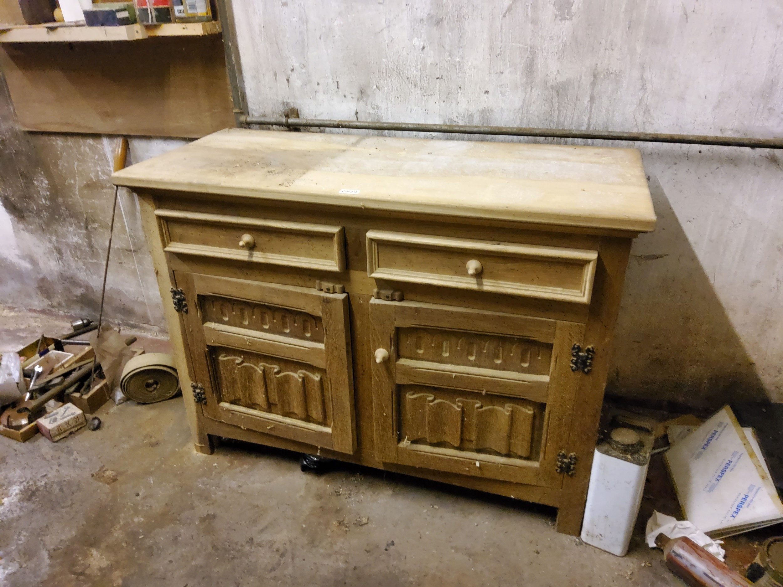 A mid 20th century oak side chest, of two short and two fielded panelled door Please note this lot - Image 3 of 3