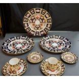 Three Royal Crown Derby 2541 pattern dinner plates; two similar coffee cans and saucers;  two
