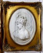 A Grand Tour type carved Carrara marble plaque of an elegant lady, bronze Louis Alexandre Bottée '