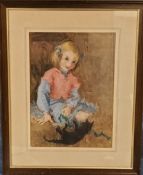 Impressionist School, Girl with Kitten, watercolour, 34cm x 24cm