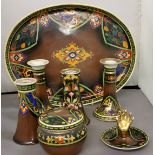 A Noritake dressing table set, comprising oval tray, trinket pot and cover, two candlesticks, hat