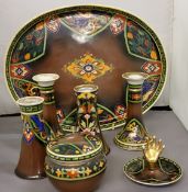 A Noritake dressing table set, comprising oval tray, trinket pot and cover, two candlesticks, hat