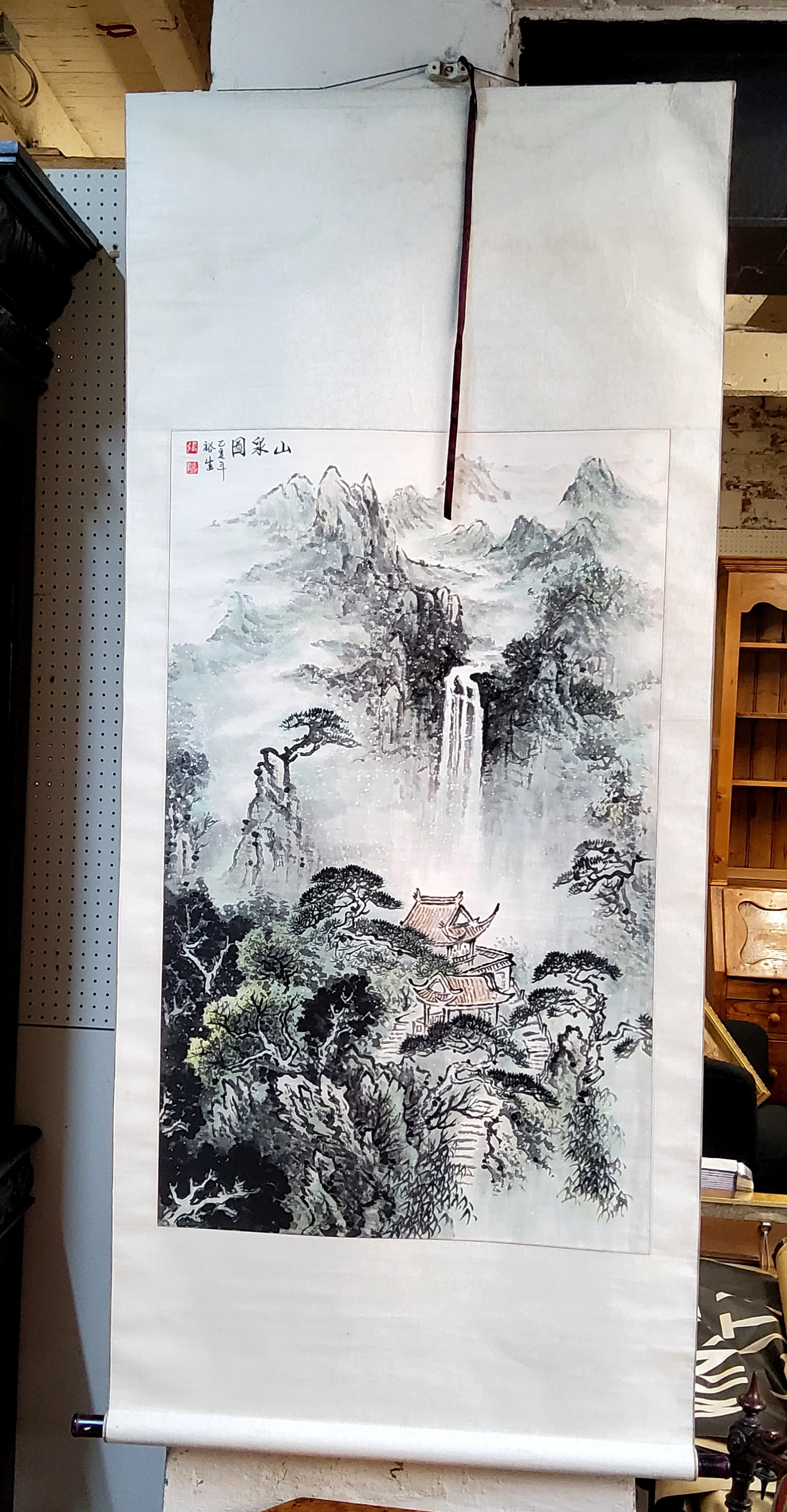 A Chinese calligraphy scroll in the manner of HUANG JUNBI, ink washed mountain side dwelling beneath - Image 2 of 2