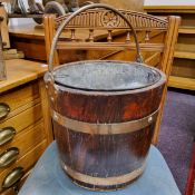 A 19th century copper bound oak fuel bucket with galvanised liner c.1860