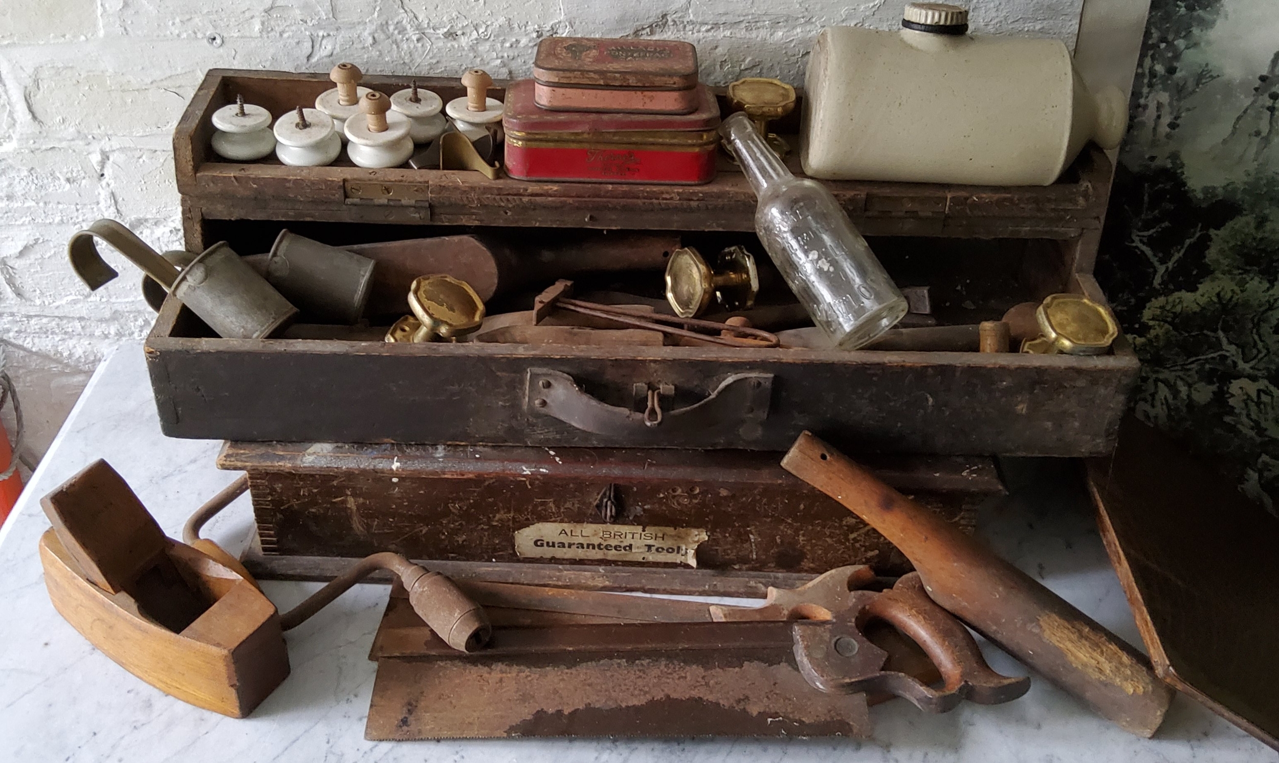 Tools & Salvage - Victorian porcelain drawer handles; 19th century plumbing tools, tool box etc qty