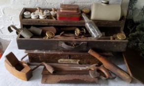 Tools & Salvage - Victorian porcelain drawer handles; 19th century plumbing tools, tool box etc qty